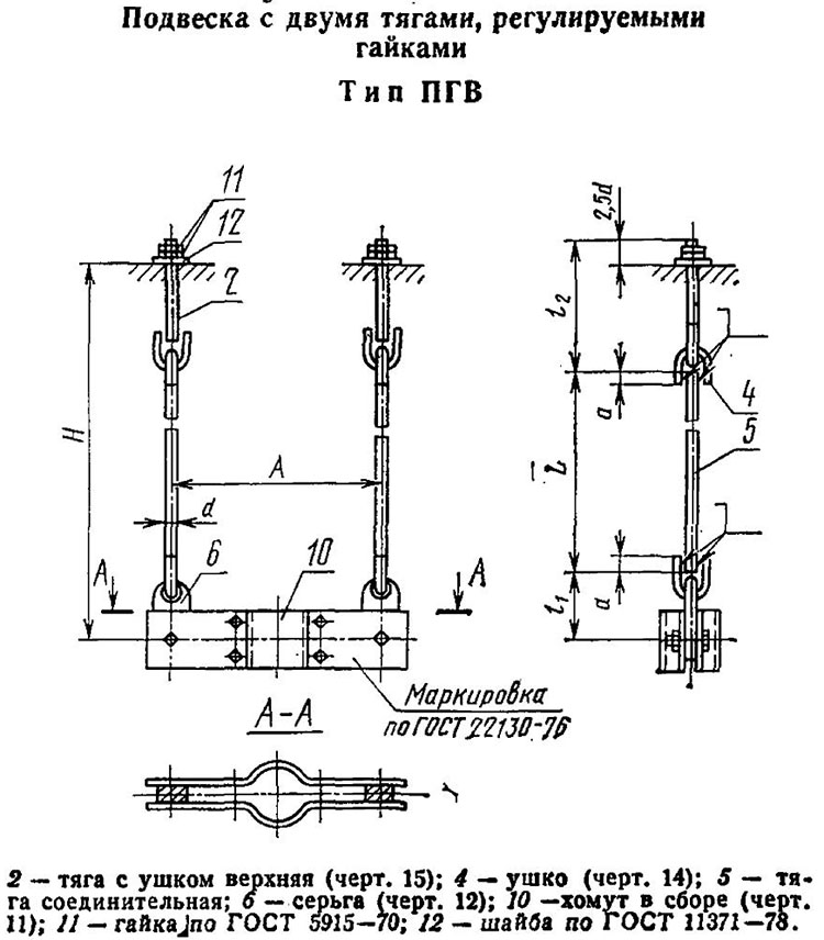 Чертеж подвески ПГВ с двумя тягами, регулируемыми гайками